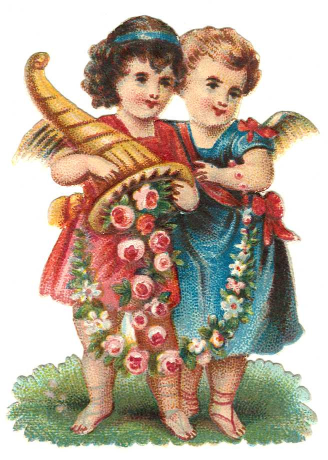 Two winged angel children with cornucopia and flower garlands — historic image