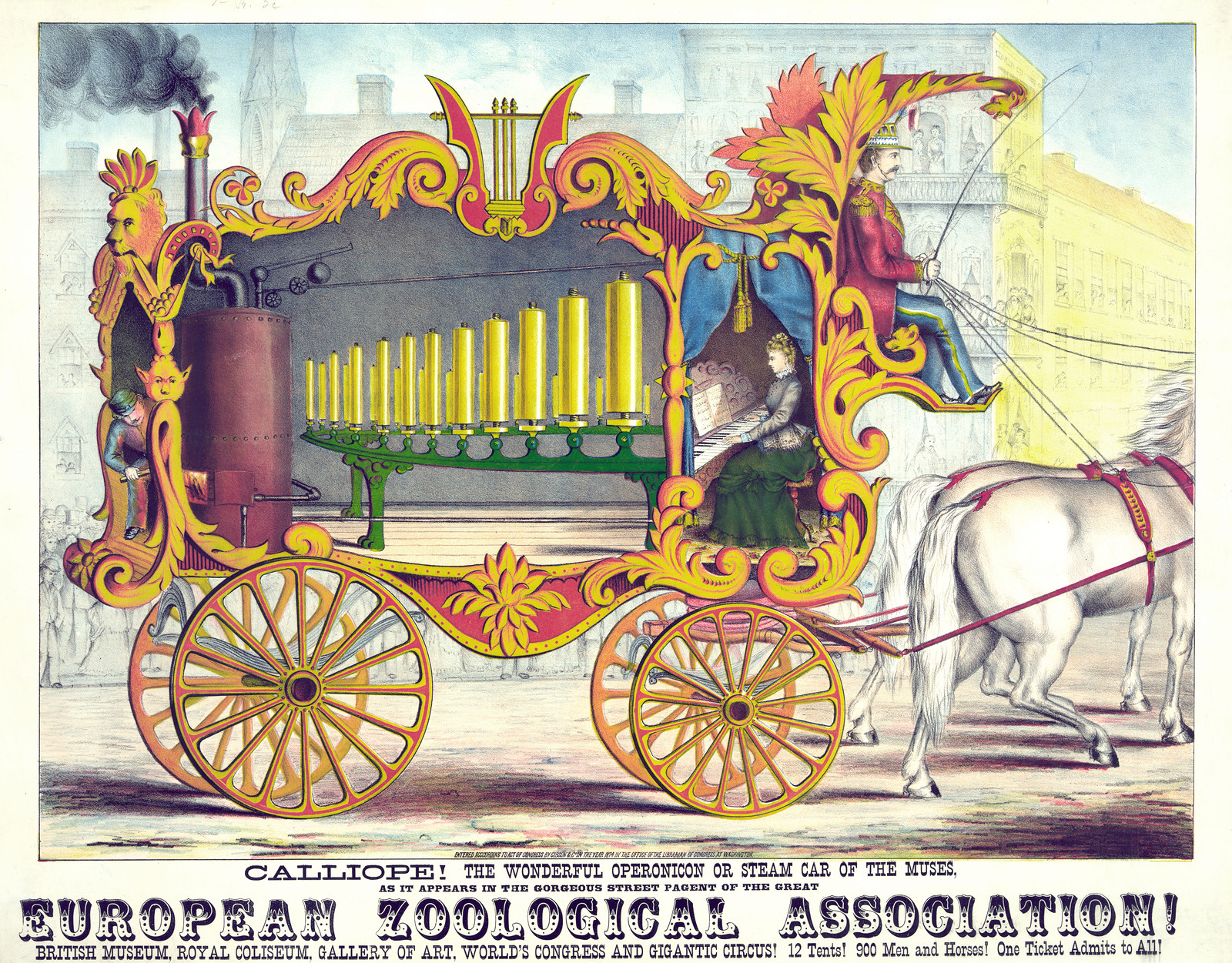 Calliope! The wonderful Operonicon or Steam Car of the Muses, as it appears in the gorgeous street pagent [sic] of the Great European Zoological Association! ..., 1874 — historic image