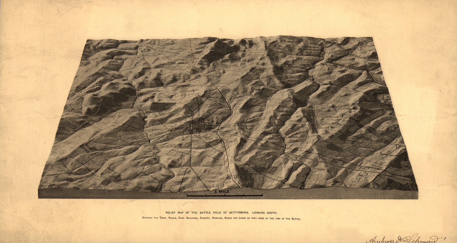 Relief map of the battle field of Gettysburg, looking south — antique map
