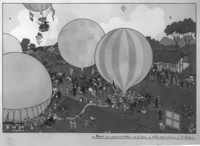 [Departure of a group of balloons from the grounds of the Aéro-club of France, at St. Cloud; humerous drawing]