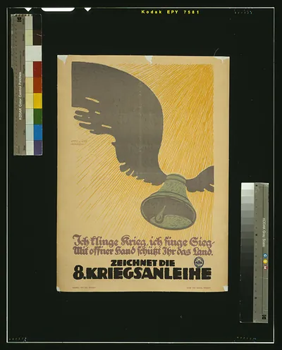 Zeichnet die 8. Kriegsanleihe: bell and hand war loan poster