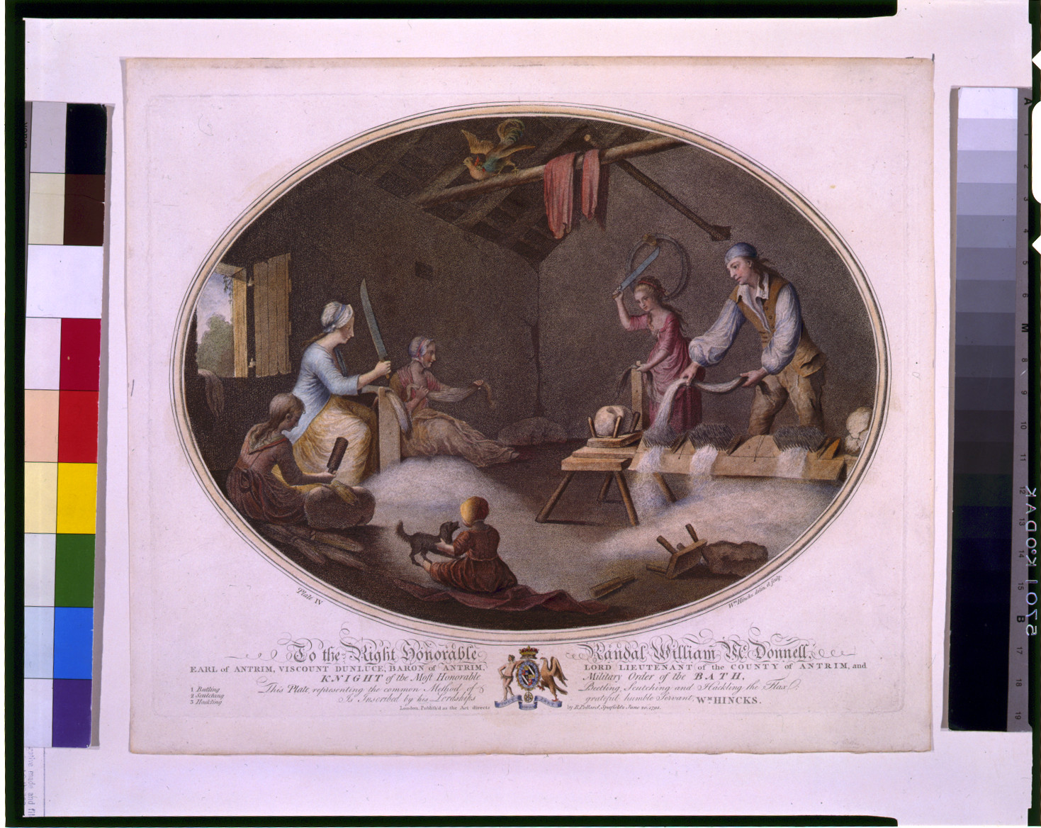 To the right honorable Randal William McDonnell, ... this plate representing the common method of beetling, scutching and hackling the flax; is inscribed by ... Wm. Hincks / Wm. Hincks, delin. et sculp., London : Publish'd as the Act directs by R. Pollard, Spafields, 1791 June 20. — antique engraving