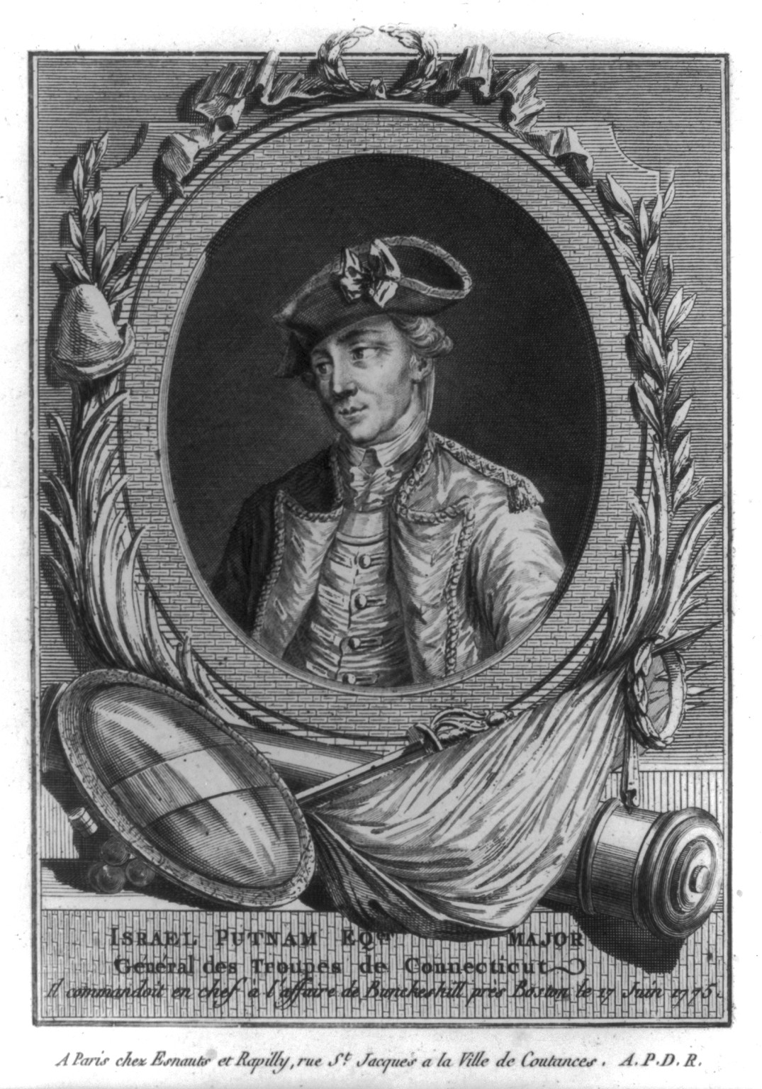 Israel Putnam E'qer. major général des troupes de Connecticut - il commandoit en chef à l'affaire de Bunckeshill près Boston le 17 Juin 1775 — antique engraving