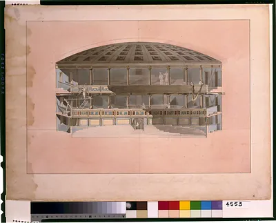 Sectional drawing of a theatre interior with domed ceiling and tiers