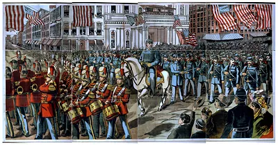 Military parade with mounted officer, drummers and American flags