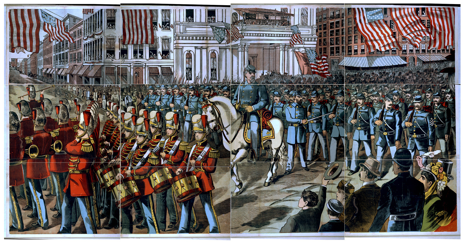 Military parade with mounted officer, drummers and American flags — historic image