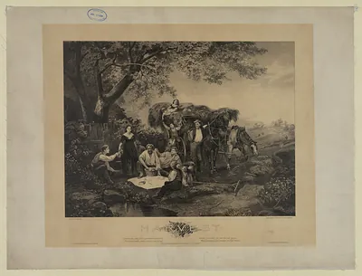 Harvest: engraved scene of figures, haywagon and horses