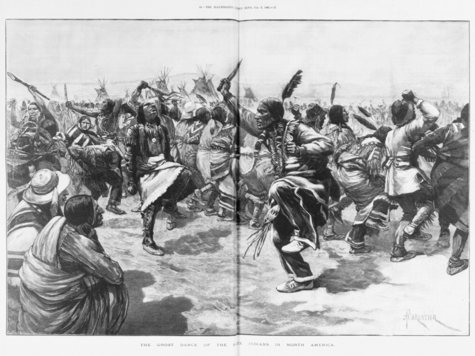 The Ghost dance of the Sioux Indians, 1891 — antique engraving