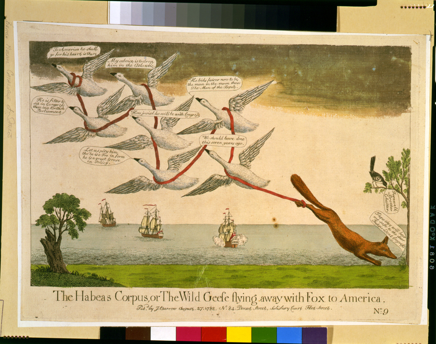 The habeas corpus, or The wild geese flying away with Fox to America, [London] : Pubd. by J. Barrow, No. 84 Dorset Street, Salisbury Court Fleet Street, 1782 August 27. — historic print