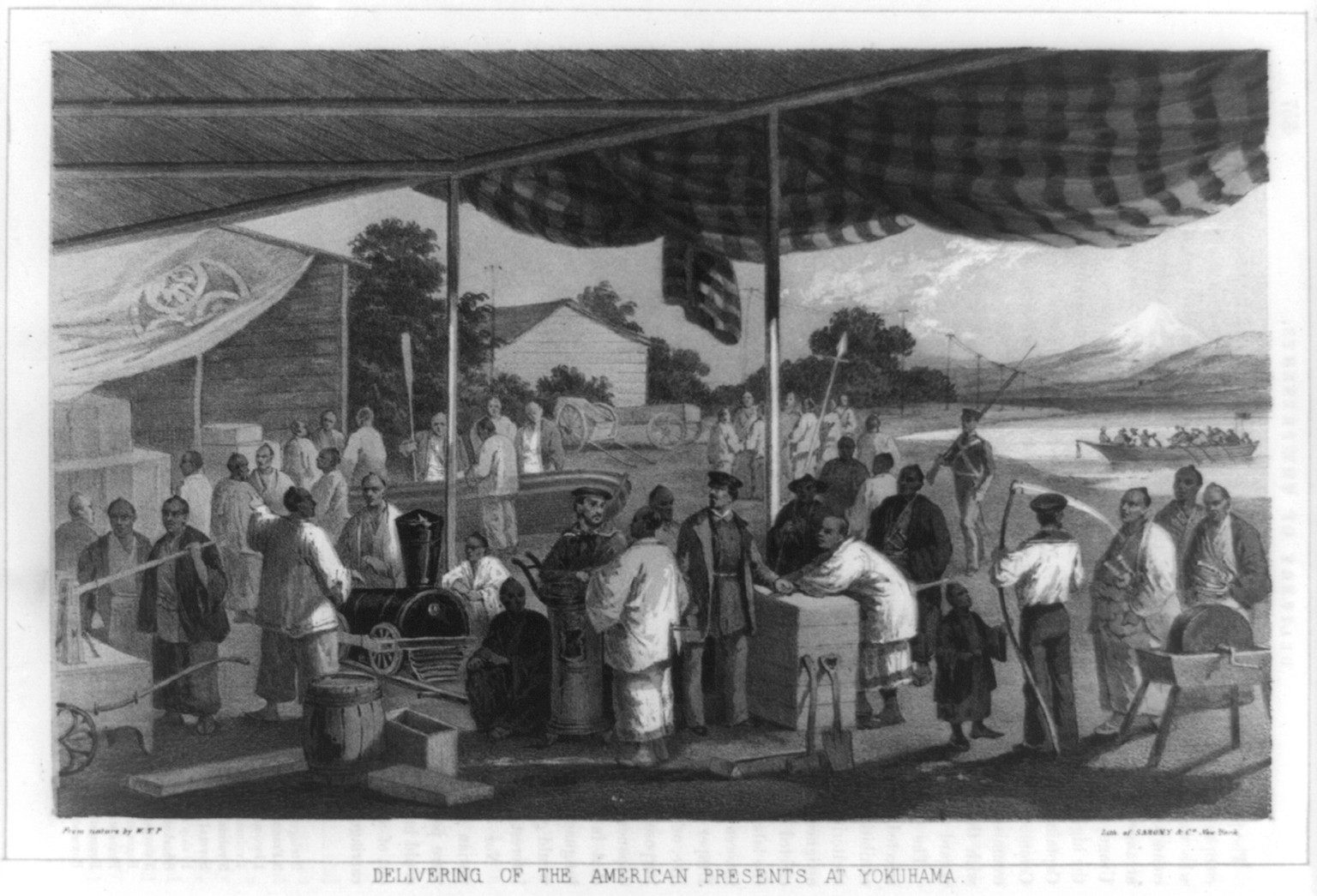 Delivering of the American presents at Yokuhama / from nature by W.T. ; lith. of Sarony & Co., New York., New York : Sarony & Co., [1856] — antique lithograph