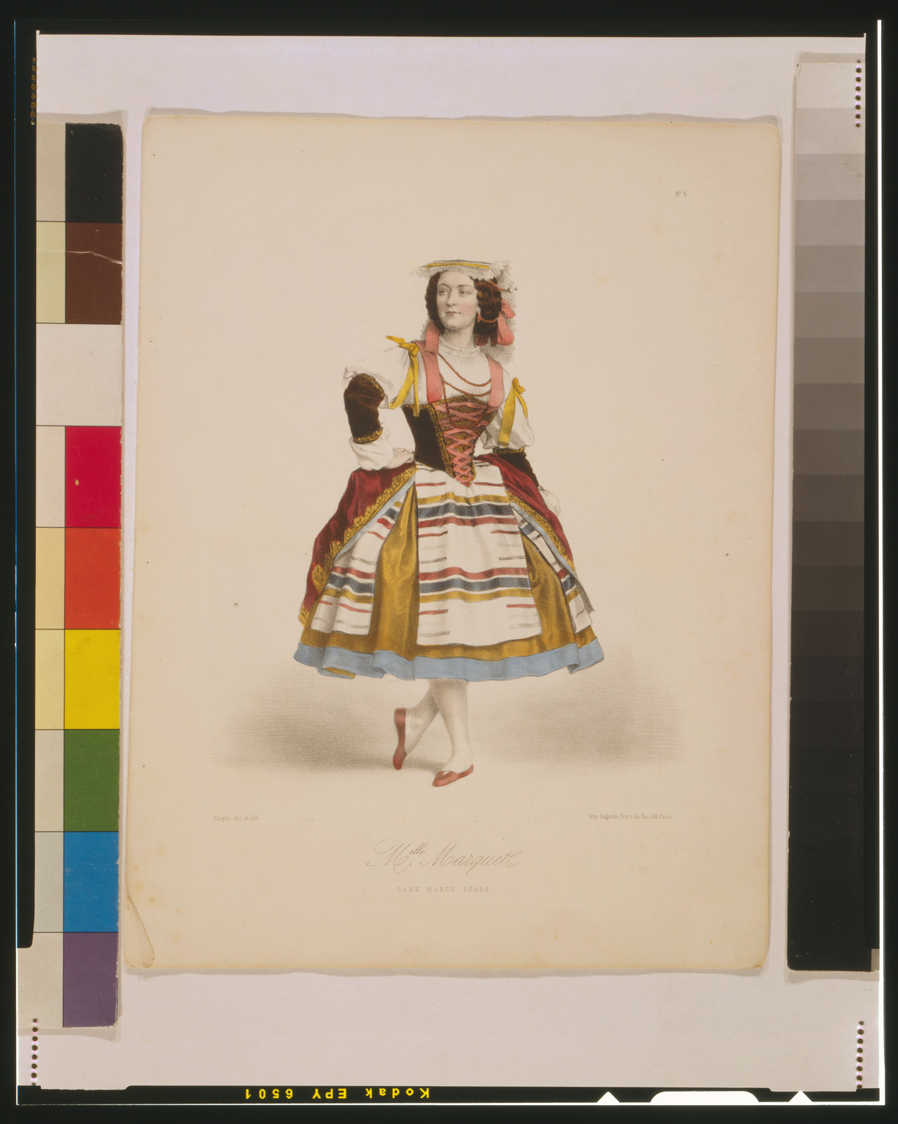 Mlle. Marquet(?), dans Marco Spada / Alophe del. et lith. ; imp. Auguste Bry., Paris : imp. Auguste Bry, [1850(?)] — antique lithograph