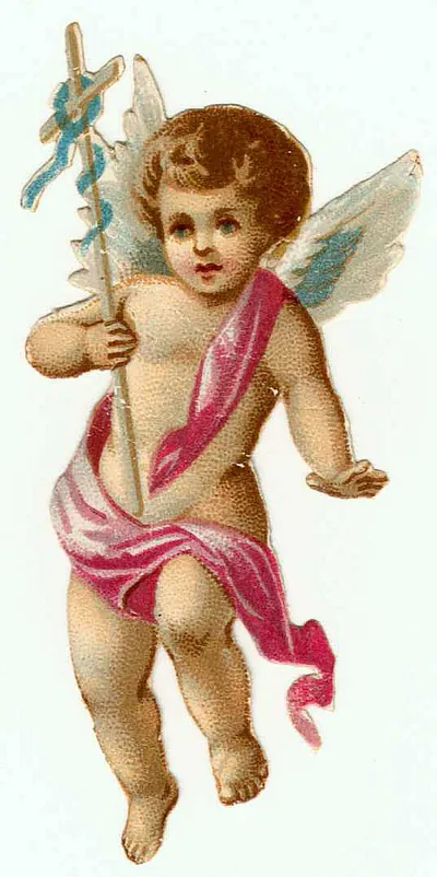 Chromolithographed cherub with wings holding a cross