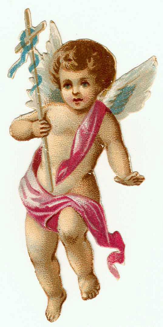 Chromolithographed cherub with wings holding a cross — antique lithograph