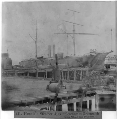 Honolulu steamer Ajax unloading at Greenwich St. wharf, San Francisco