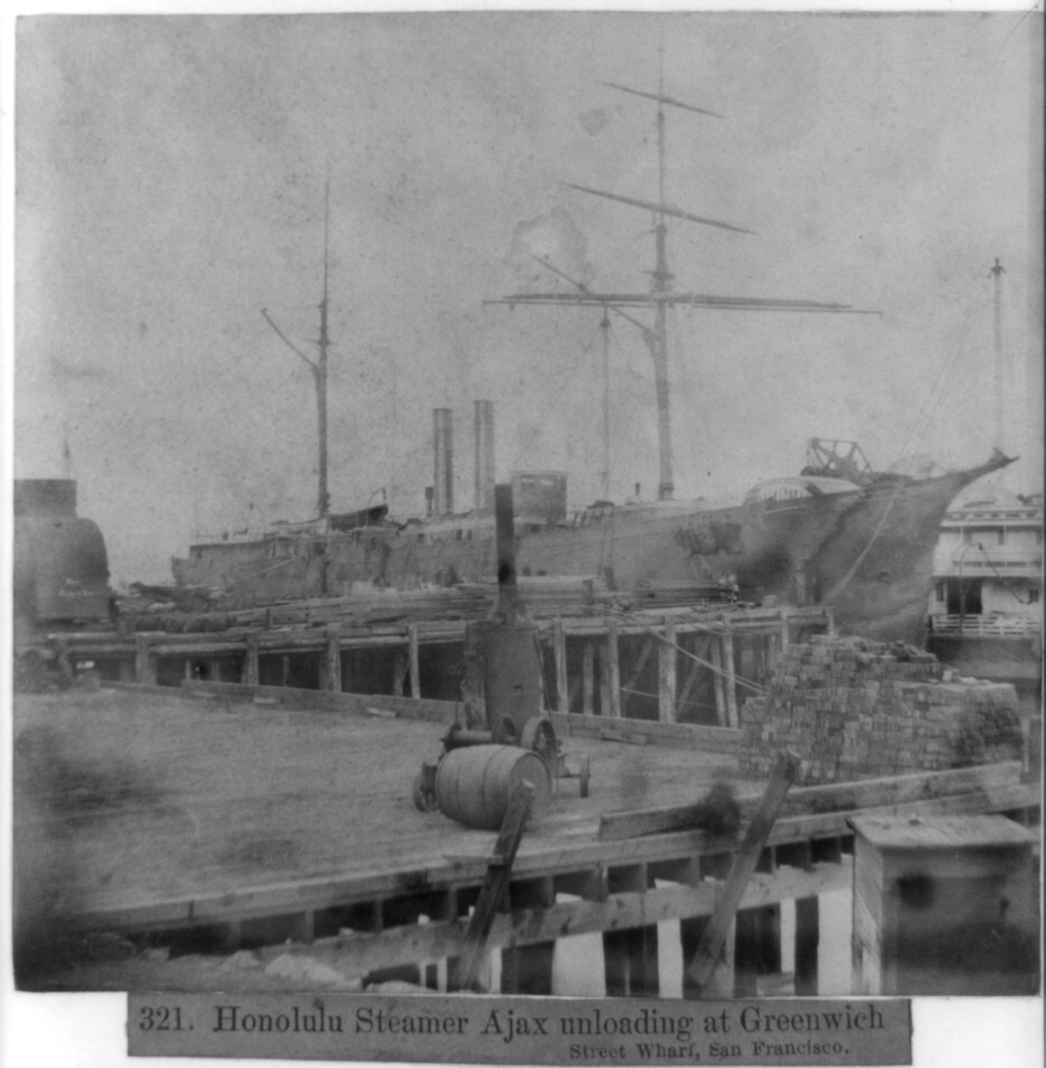 Honolulu steamer Ajax unloading at Greenwich St. wharf, San Francisco, [published 1866] — historic photograph