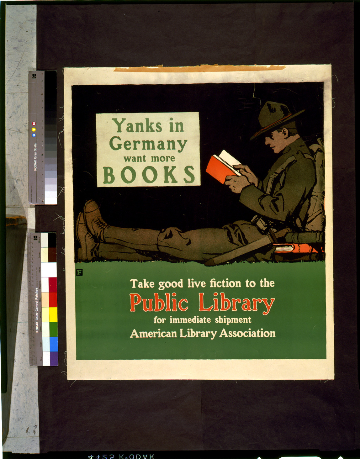 Yanks in Germany want more books. Take good live fiction to the public library for immediate shipment / F., 1918 — vintage poster