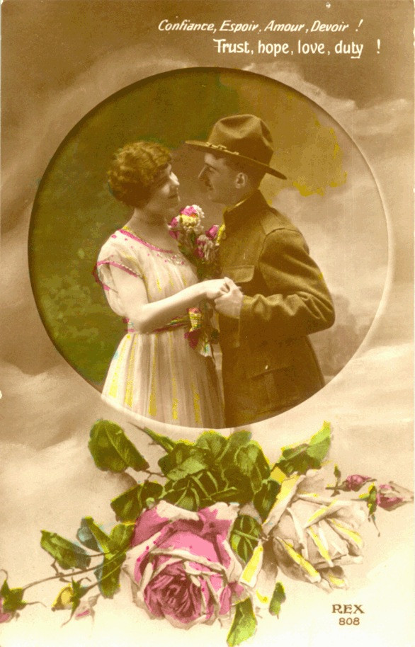 Hand-colored postcard: soldier and woman, 'Trust, hope, love, duty' — vintage postcard