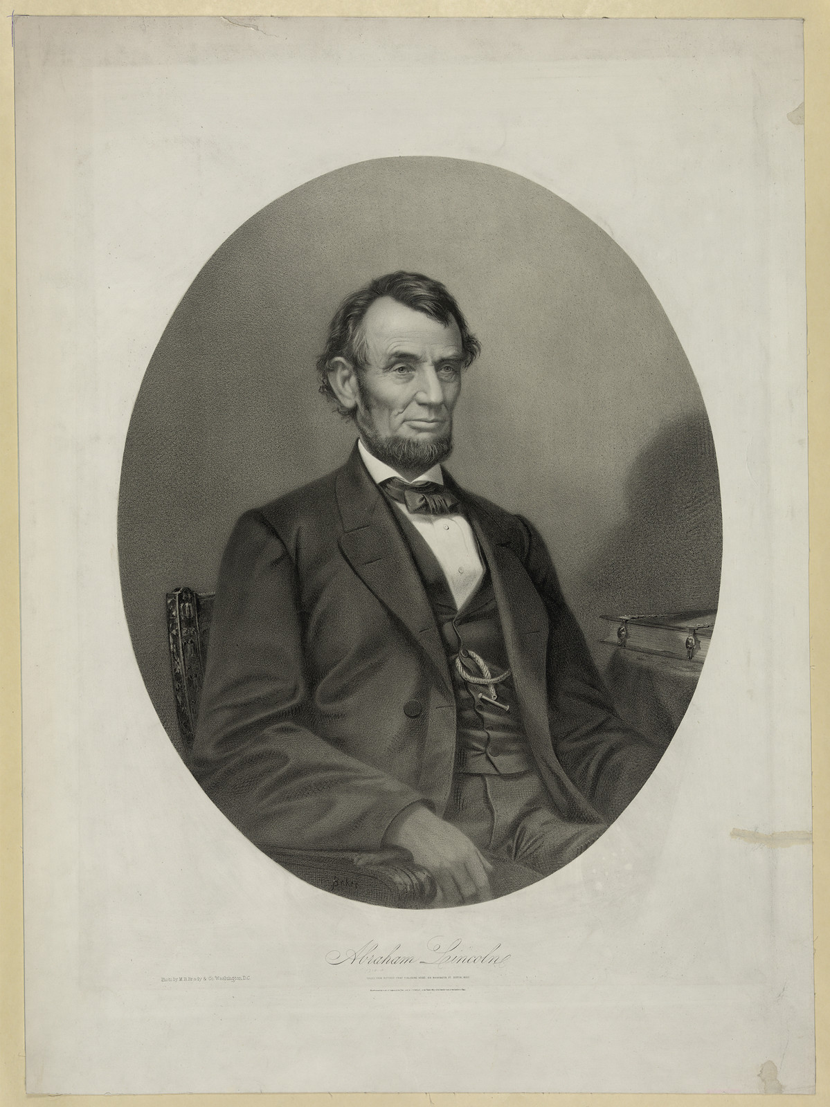 Abraham Lincoln seated oval portrait print with printed signature — historic print