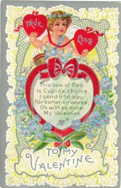 Cupid holding True Love hearts Valentine card
