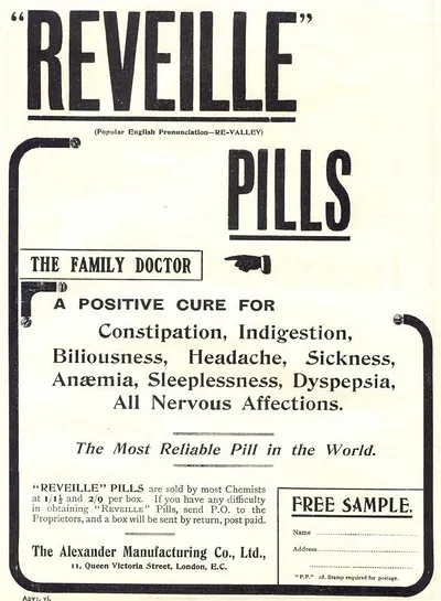 Reveille Pills advertisement for constipation, indigestion and nervous affections
