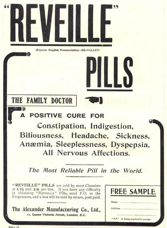 Reveille Pills advertisement for constipation, indigestion and nervous affections — historic image