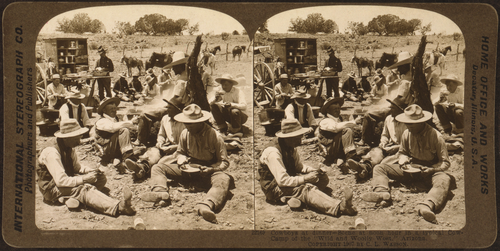 Cowboys at dinner - Scene at noon hour in a typical cowboy camp of the Wild and Wooly West" Arizona", Decatur, Illinois : International Stereograph Co., c1907. — historic photograph