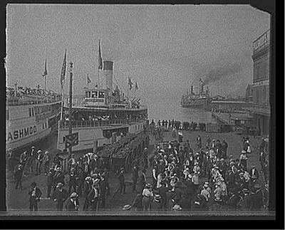 [Excursion steamers Tashmoo and Idlewild at wharves, Detroit]