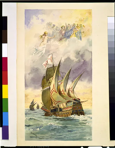 [Vasco da Gama's ship with gods above] / E. Casanova.