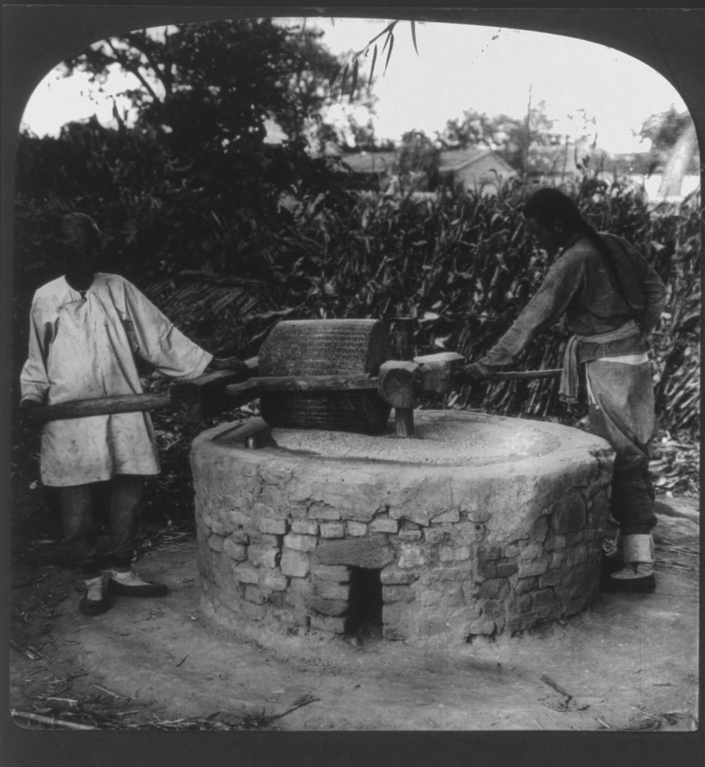 An Old Chinese Woman and Her Son Grinding Millet Seed, the Principal Food of China, c1907 July 29. — historic photograph