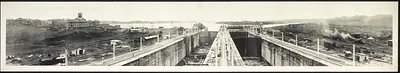 Panoramic view of Gatun Locks upper level, Panama Canal