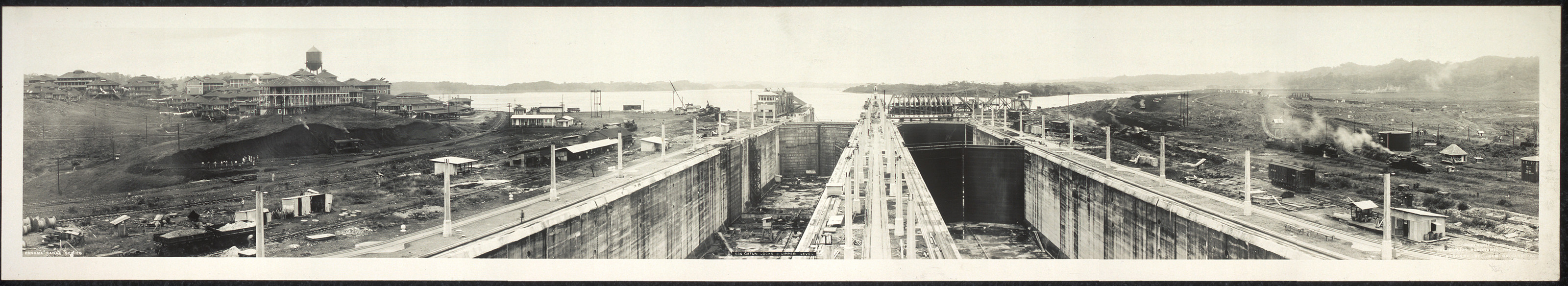 Panoramic view of Gatun Locks upper level, Panama Canal — historic image