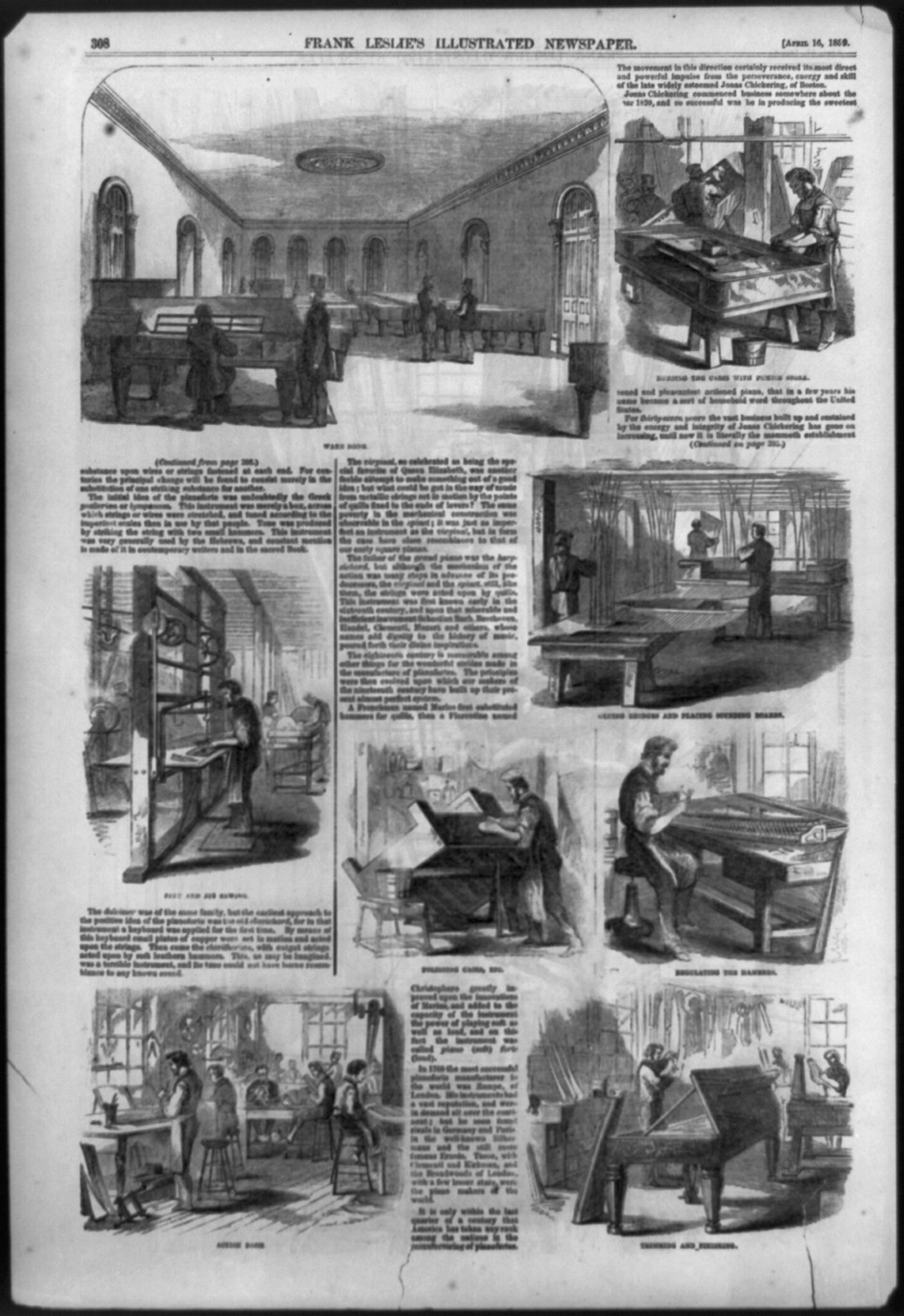 [8 views of operations in Chickering's Pianoforte Manufactory, Tremont Street, Boston, Mass.], 1859 — antique engraving