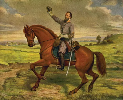 [Thomas Jonathan Jackson, full-length portrait, on horseback, facing left, holding up hat in his right hand]