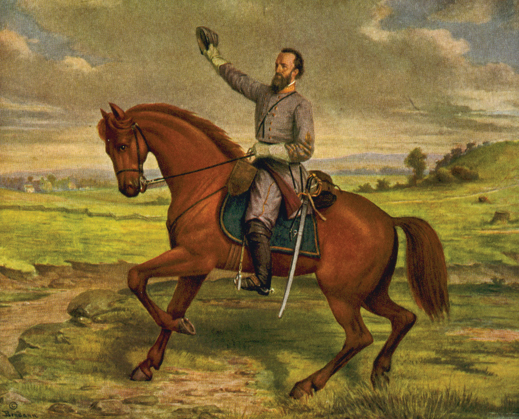 [Thomas Jonathan Jackson, full-length portrait, on horseback, facing left, holding up hat in his right hand], c1913. — historic print