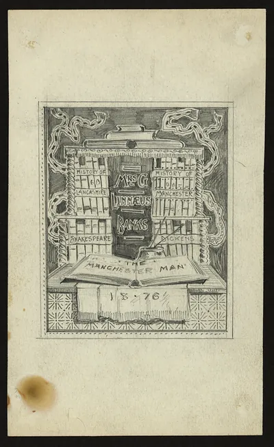 Pencil bookplate design with books and 'The Manchester Man 1876'