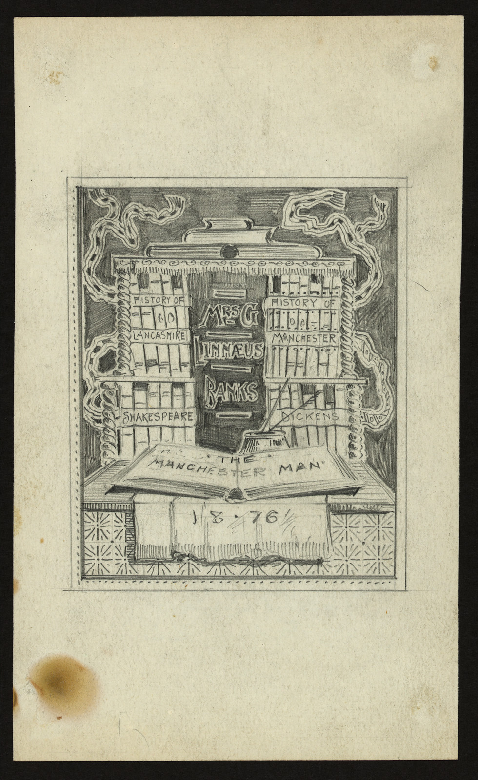 Pencil bookplate design with books and 'The Manchester Man 1876' — historic image