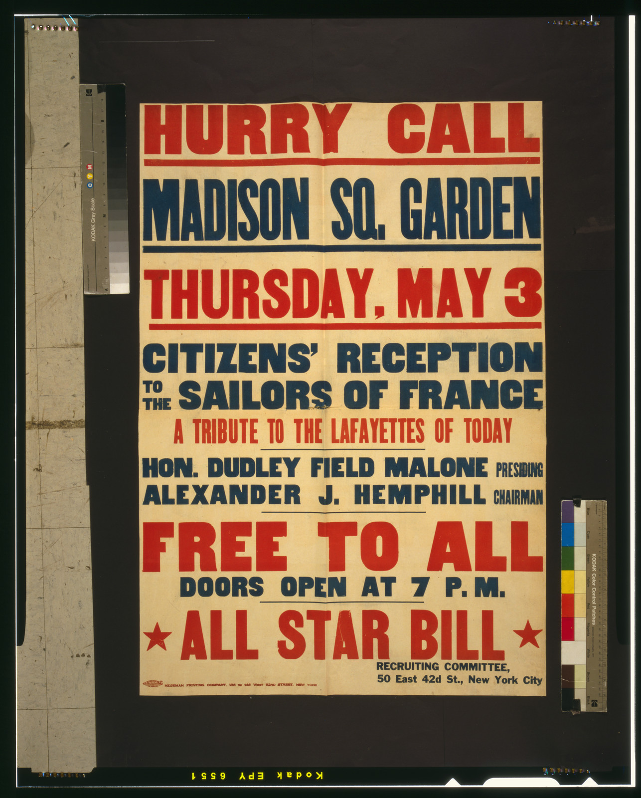 Hurry call--Madison Sq. Garden [...] Citizens' reception to the sailors of France [...] All star bill, New York : Hegeman Printing Company, [1917] — vintage poster