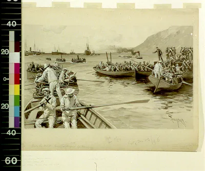 Sailors in rowing boats ferrying crowded troops across a harbor