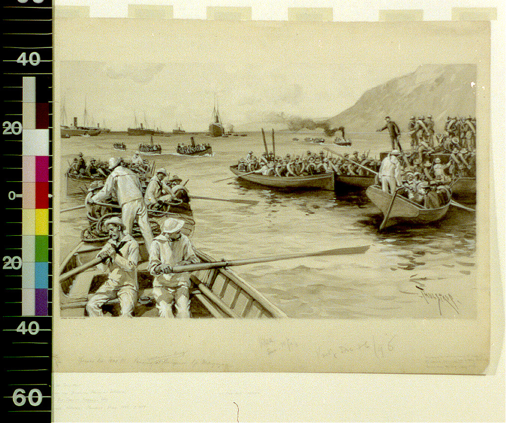 Sailors in rowing boats ferrying crowded troops across a harbor — historic image