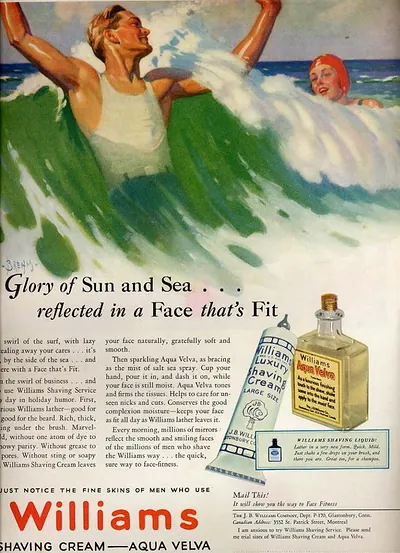 Williams Shaving Cream and Aqua Velva magazine advertisement, Glory of Sun and Sea