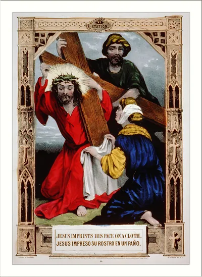 Jesus imprints his face on a cloth. / Jesus impreso su rostro en un paño.