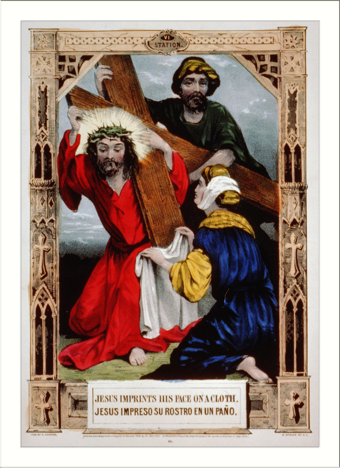 Jesus imprints his face on a cloth. / Jesus impreso su rostro en un paño., New York : Published by N. Currier, c1848. — antique lithograph