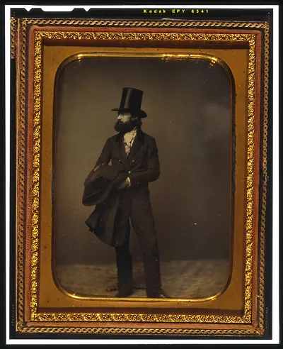 [William Sidney Mount, full length portrait, facing left, wearing top hat and holding a coat]