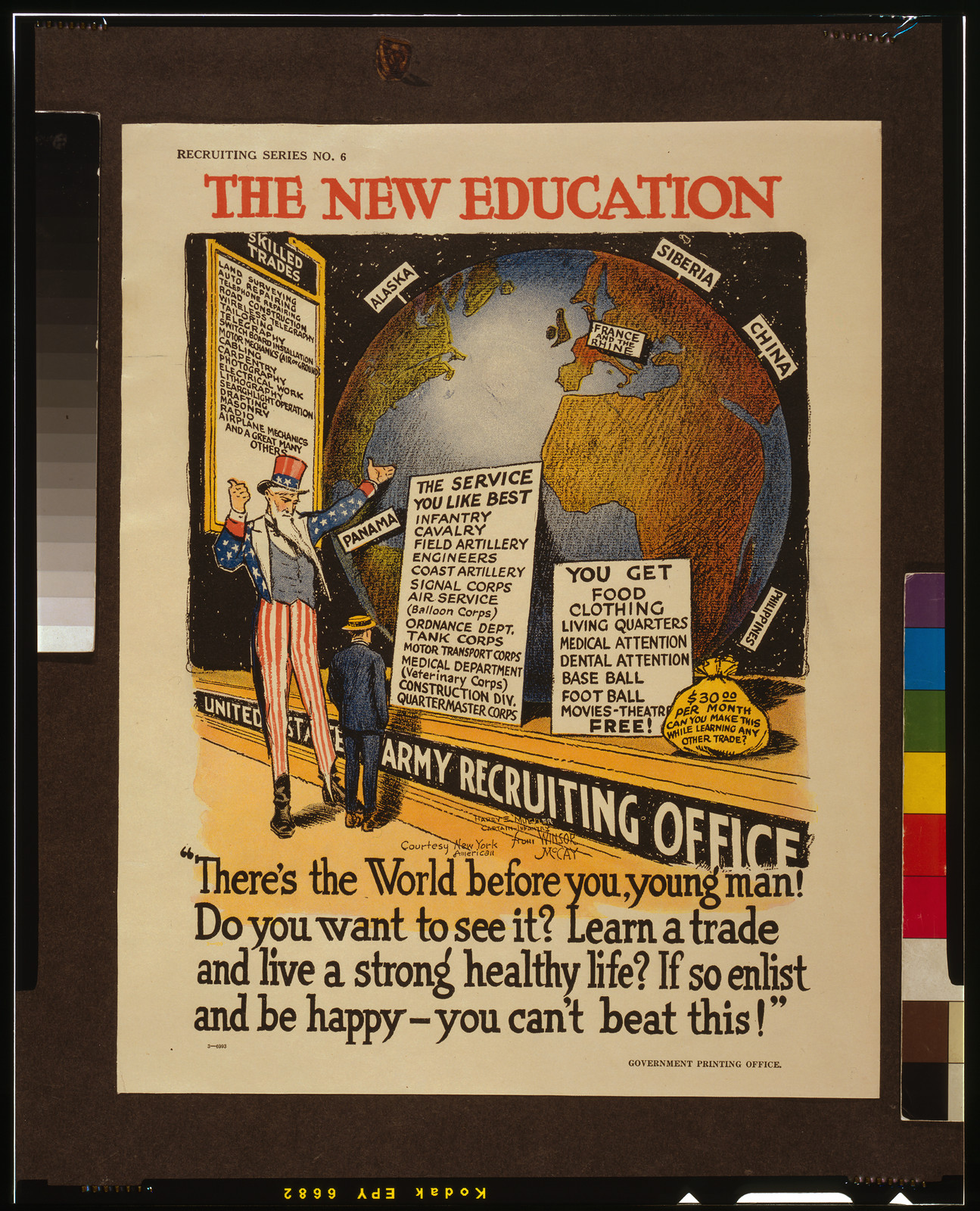 The new education Theres the world before you young man! Do you want to see it? Learn a trade and live a strong healthy life? If so enlist and be happy - you cant beat this! / Winsor McCay., 1918 — vintage poster