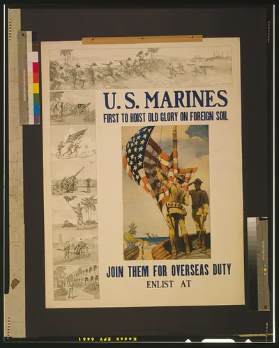 U.S. Marines - first to hoist Old Glory on foreign soil Join them for overseas duty / Sidney H. Riesenberg 1913.