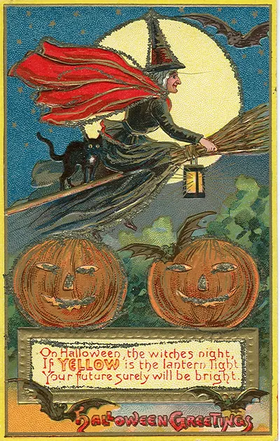 Halloween witch on broomstick with jack-o'-lanterns postcard