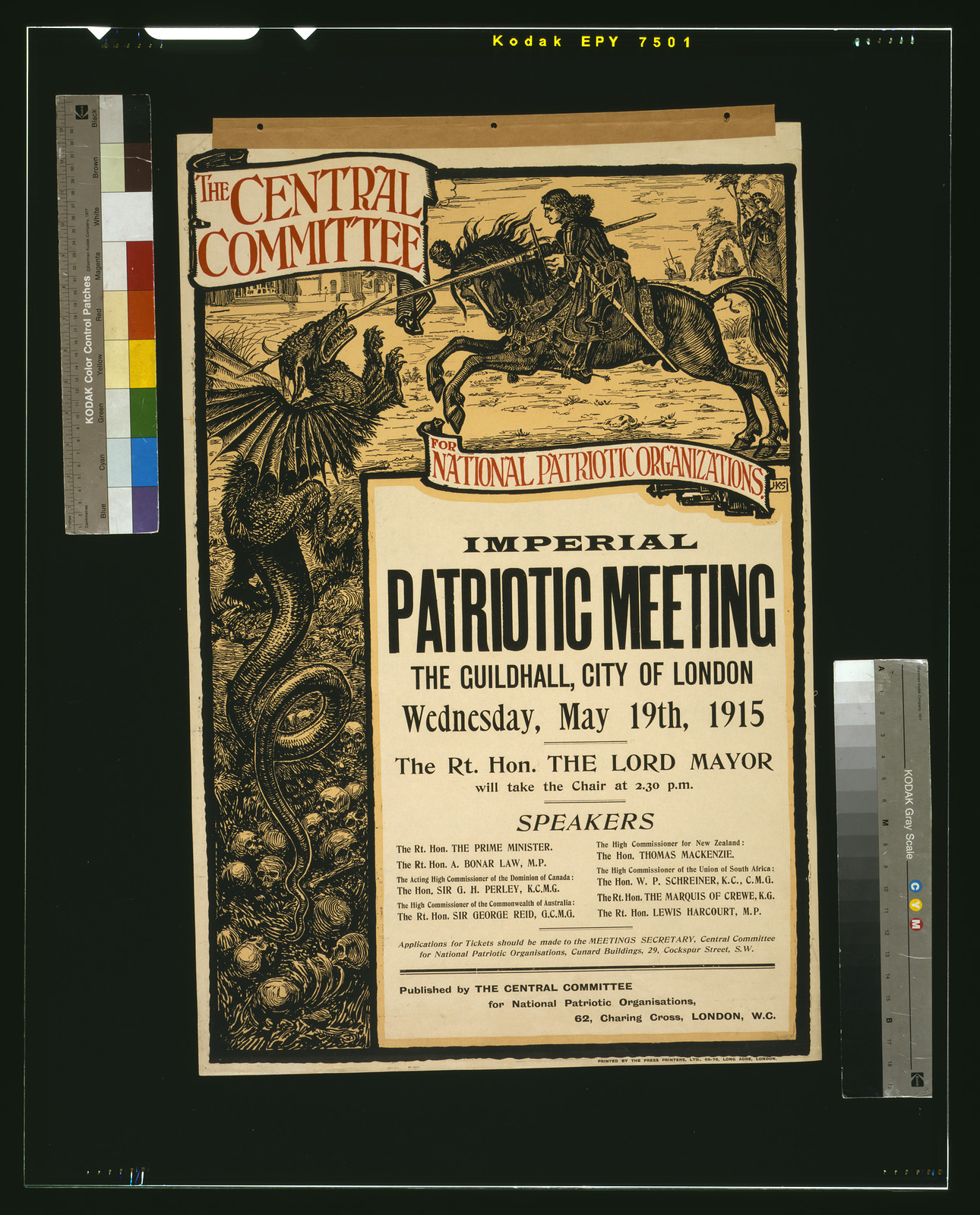 The Central Committee for National Patriotic Organizations imperial patriotic meeting The Guildhall City of London Wednesday May 19th 1915 / J.K.S. printed by The Press Printers Ltd. 69-76 Long Acre London., 1915 — vintage poster