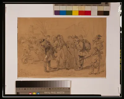 [Soldiers on horseback crossing a river near a collapsed bridge]