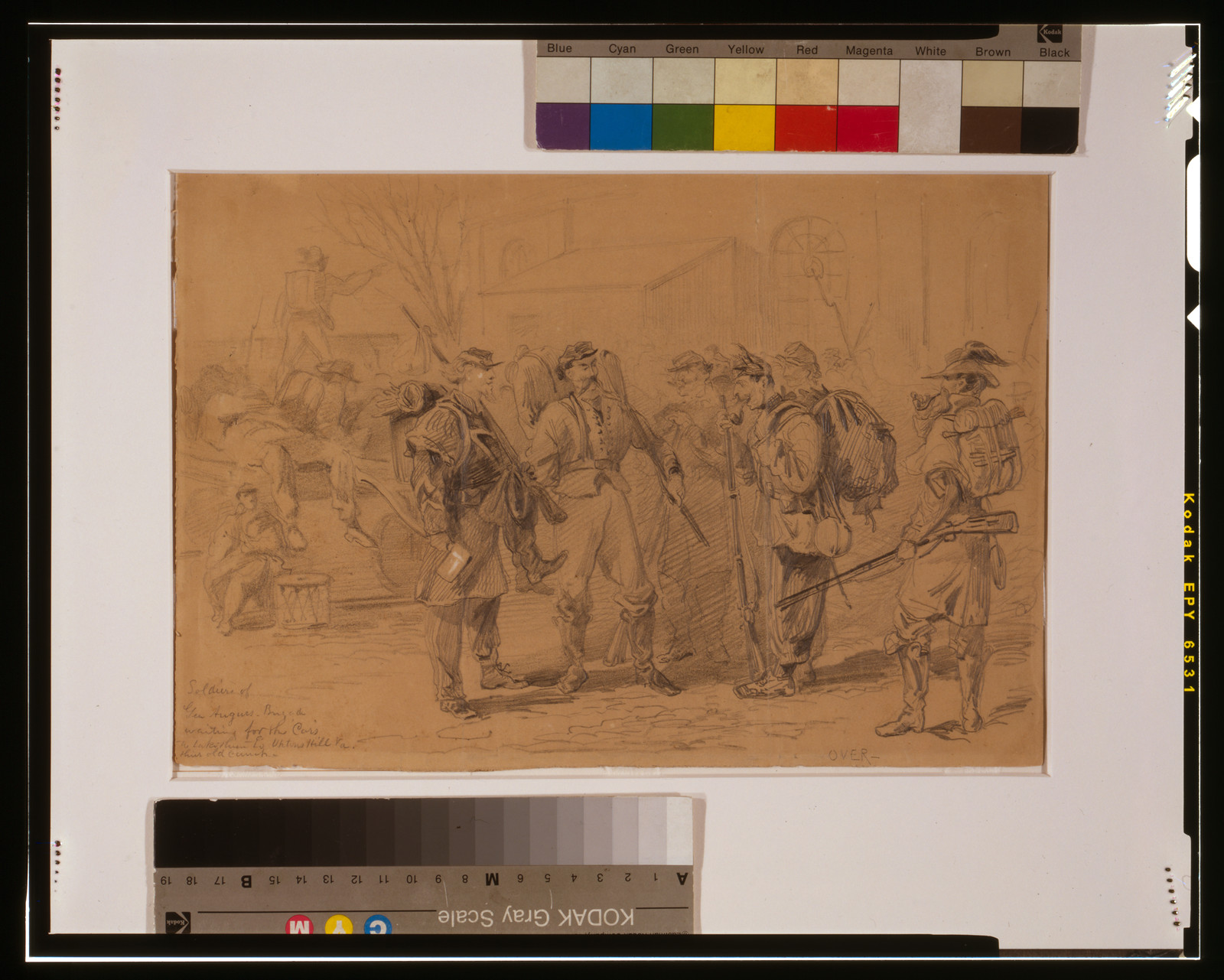 [Soldiers on horseback crossing a river near a collapsed bridge], [between 1860 and 1865] — historic drawing