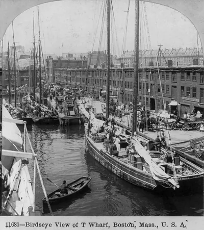 Bird's-eye view of T Wharf, Boston, Mass.